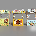 Colorful Street Food Booths With Cartoon Decor Noodles Sausages And Seafood Dishes