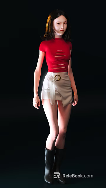 Woman in Red Ripped Top and White Skirt with Gold Ring Belt on Black Background 3d model 