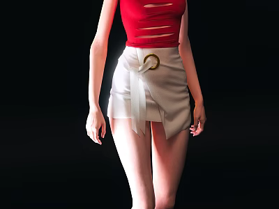 Woman in Red Ripped Top and White Skirt with Gold Ring Belt on Black Background 3d model