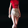 Woman in Red Ripped Top and White Skirt with Gold Ring Belt on Black Background