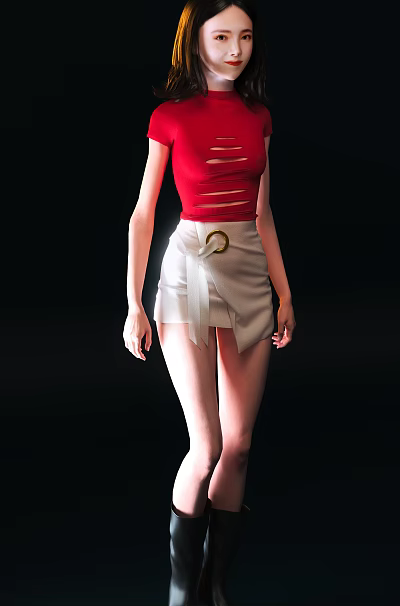 Woman in Red Ripped Top and White Skirt with Gold Ring Belt on Black Background 3d model