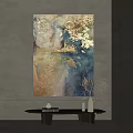 Abstract Painting With Blue Gold Beige Tones On Wall And Decorative Table Vase Dried Flowers
