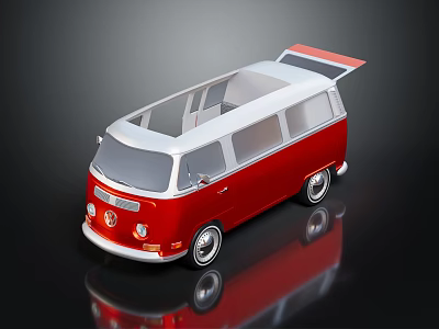 Red and White Vintage Van With Open Roof And Reflective Surface Design 3d model