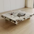 Elegant Coffee Table With Marble Top Square Design And Books Glasses On Wooden Floor