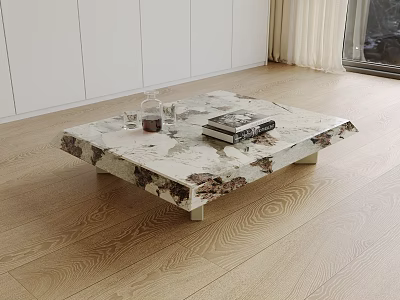 Elegant Coffee Table With Marble Top Square Design And Books Glasses On Wooden Floor 3d model