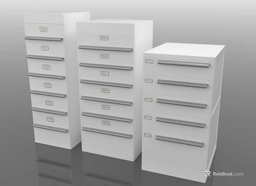 Three White Filing Cabinets With Multiple Drawers For Home Office Storage 3d model