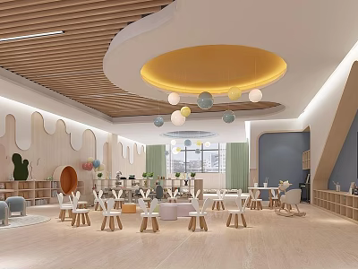 Bright Kindergarten Interior Design With Wooden Ceiling Yellow Lamp And Colorful Pendant Lights 3d model