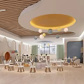 Bright Kindergarten Interior Design With Wooden Ceiling Yellow Lamp And Colorful Pendant Lights