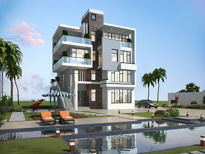 Modern Detached Villa With Multi Story Design Balconies Swimming Pool Palm Trees And Outdoor Space 3d model