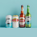 Refreshing Beer Cans and Bottles Arranged on Light Blue Background 3d model