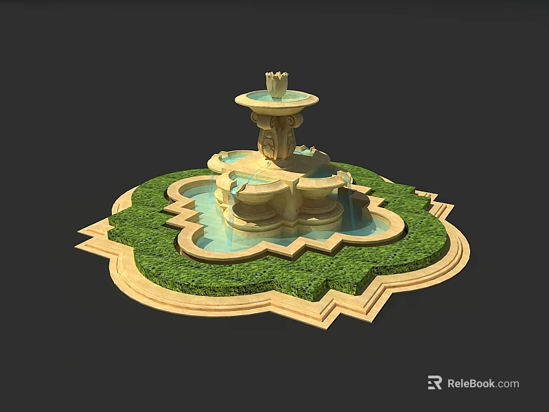 Outdoor Garden Ornament Multi Tiered Stone Fountain With Geometric Trimmed Grass Design 3d model 