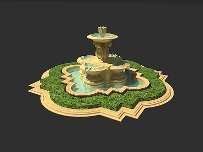 Outdoor Garden Ornament Multi Tiered Stone Fountain With Geometric Trimmed Grass Design 3d model