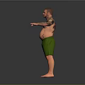 Shirtless Bald Man With Tattoos Wearing Green Shorts Standing With Arms Outstretched Against Gray Background
