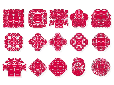 Traditional Chinese Red Paper Cut Wall Decor With Double Happiness Characters And Festive Ornamental Patterns 3d model