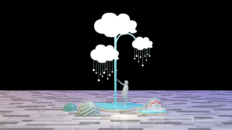 Art Installation Featuring Blue Pole White Clouds Raindrop Decorations Human Figure And Geometric Floor 3d model