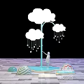 Art Installation Featuring Blue Pole White Clouds Raindrop Decorations Human Figure And Geometric Floor 3d model
