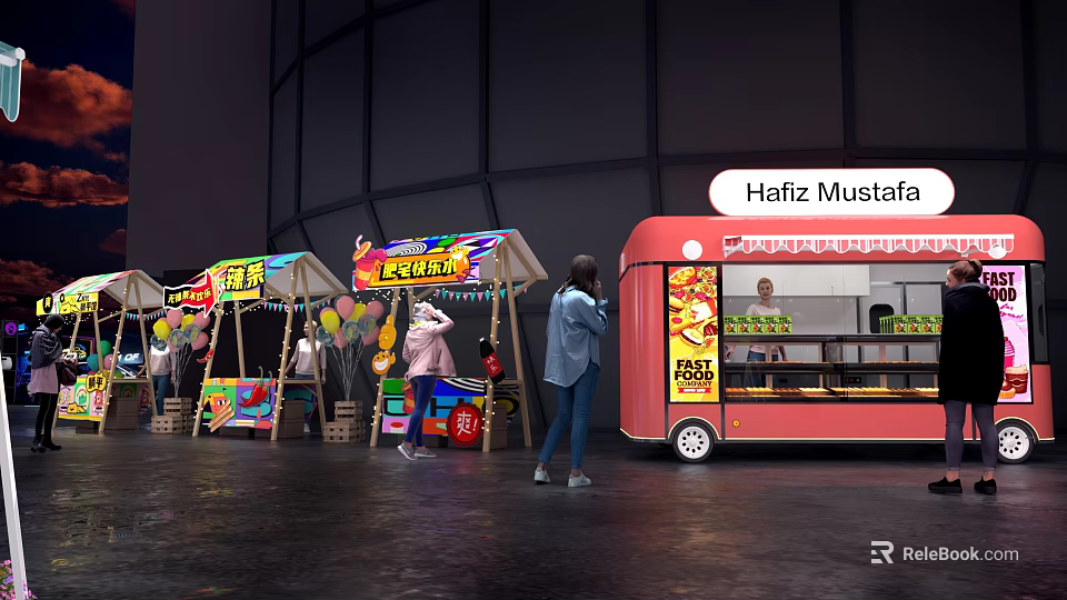 Colorful Street Food Stalls with Red Truck and People Around Hafiz Mustafa 3d model 