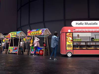 Colorful Street Food Stalls with Red Truck and People Around Hafiz Mustafa 3d model