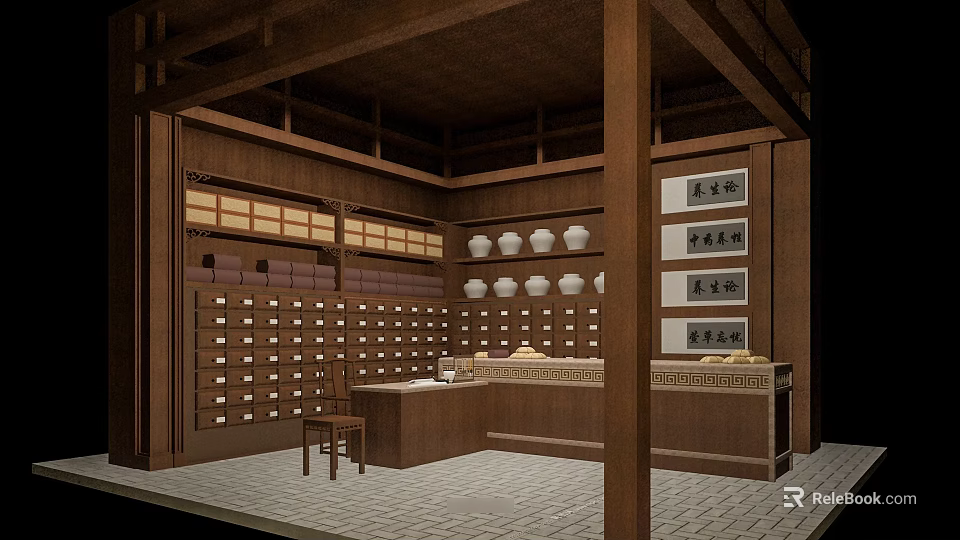 Traditional Chinese Pharmacy Interior With Wooden Cabinets Medicine Jars Counter And Labels 3d model 