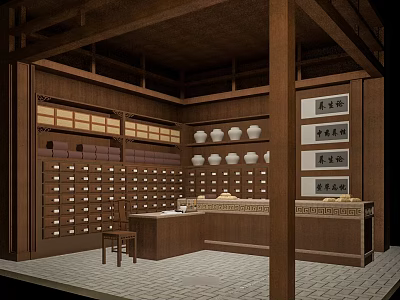 Traditional Chinese Pharmacy Interior With Wooden Cabinets Medicine Jars Counter And Labels 3d model