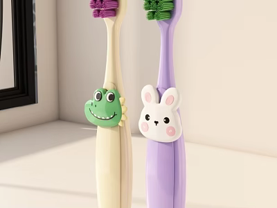 Children's Toothbrushes With Cute Dinosaur And Rabbit Designs Yellow Purple Handles Daily Cleaning 3d model