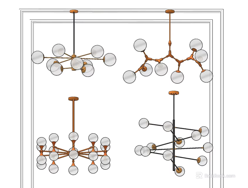 Four Modern Chandeliers Featuring Glass Globes And Metal Frame Designs 3d model 