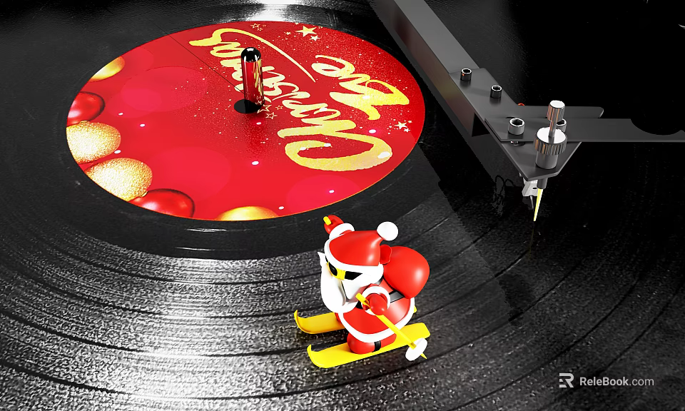 Christmas Ornament Figurine Combination with Santa Skiing Figurine on Red Vinyl Record Player 3d model 