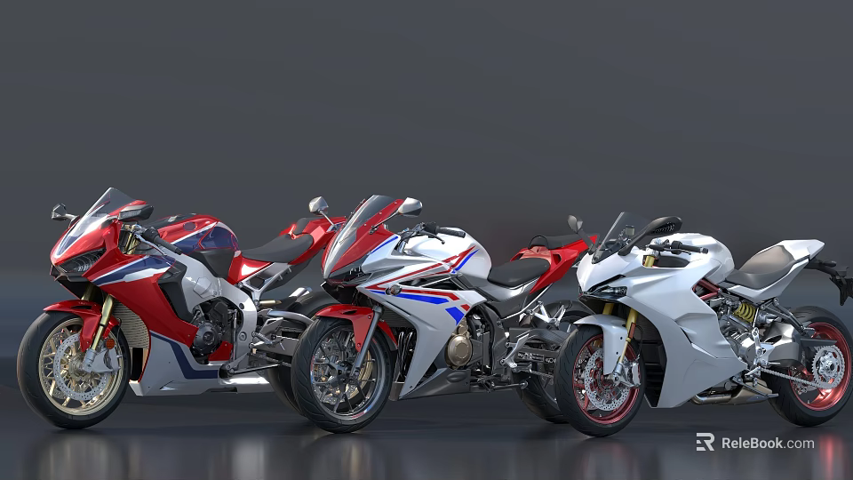 Sleek Sport Motorcycles With Red White And Blue Stripes Lined Up On Shiny Surface 3d model 