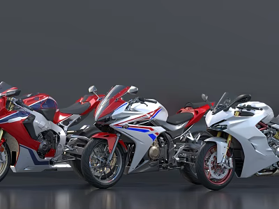 Sleek Sport Motorcycles With Red White And Blue Stripes Lined Up On Shiny Surface 3d model