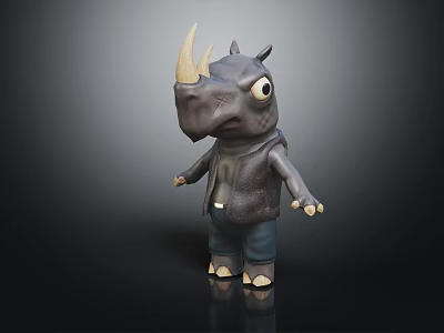Cartoon Rhino Character Wearing Leather Jacket And Jeans Standing On Dark Surface 3d model