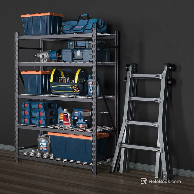 Metal Storage Shelf with Blue Toolboxes Drill and Ladder for Garage Organization 3d model 