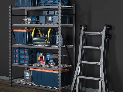 Metal Storage Shelf with Blue Toolboxes Drill and Ladder for Garage Organization 3d model