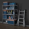 Metal Storage Shelf with Blue Toolboxes Drill and Ladder for Garage Organization