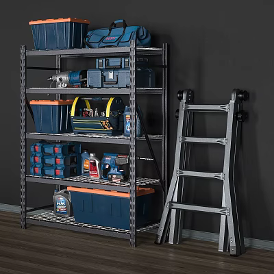 Metal Storage Shelf with Blue Toolboxes Drill and Ladder for Garage Organization 3d model