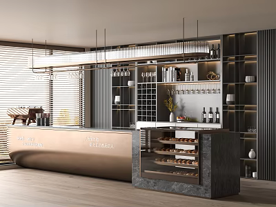 Modern Café Interior Design With Bar Counter Wine Racks And Pastry Display Case 3d model