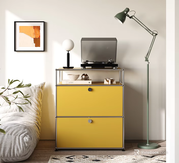Yellow Console Side Cabinet With Drawers Modern Design Floor Lamp Wall Art And Plants 3d model 