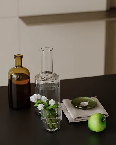 Decorative Ornament Combination With Brown Bottle Transparent Ribbed Vase White Flowers Green Dish And Lime 3d model