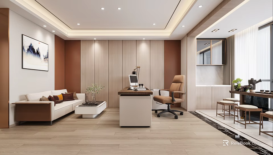 Modern Office Interior Design With Sofa Desk Chair Decorative Painting And Green Plants 3d model 