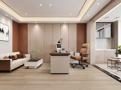 Modern Office Interior Design With Sofa Desk Chair Decorative Painting And Green Plants 3d model