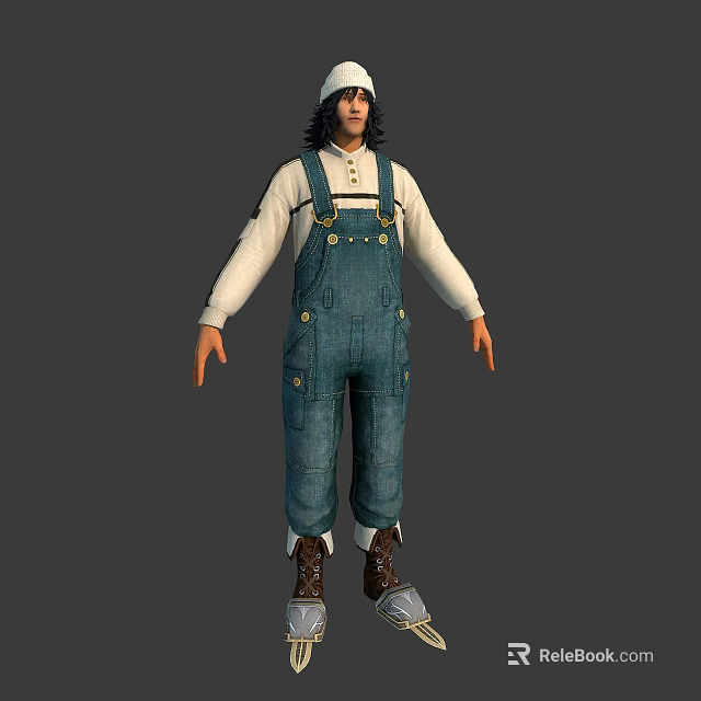 3D Character In Blue Denim Overalls With White Top And Wolf Companion 3d model 