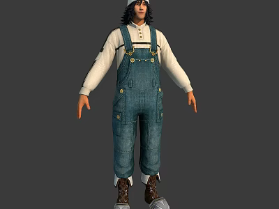 3D Character In Blue Denim Overalls With White Top And Wolf Companion 3d model