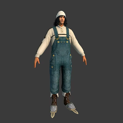 3D Character In Blue Denim Overalls With White Top And Wolf Companion 3d model