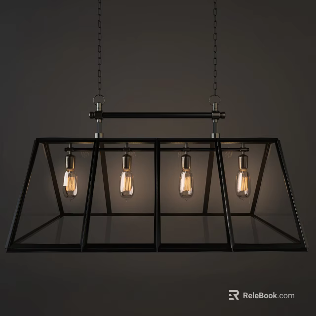 Industrial Style Black Metal Chandelier With Four Vintage Bulbs And Geometric Frame Design 3d model 
