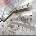 Modern Mall Interior With Multiple Floors Escalators Brand Shops Colorful Ceiling And People Shopping