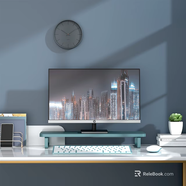 Home Office Desk Decorative Ornament Set with Monitor Stand Green Plant Wall Clock and Books 3d model 