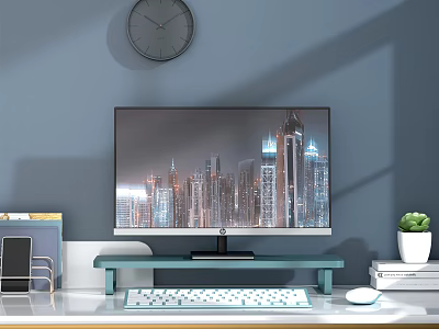 Home Office Desk Decorative Ornament Set with Monitor Stand Green Plant Wall Clock and Books 3d model