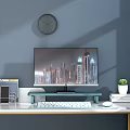 Home Office Desk Decorative Ornament Set with Monitor Stand Green Plant Wall Clock and Books