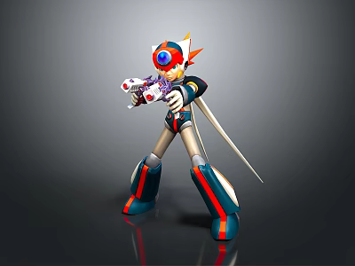 Humanoid Mechanical Character In Red Blue Armor With Horned Head Holding Small Creature And Sword 3d model
