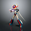 Humanoid Mechanical Character In Red Blue Armor With Horned Head Holding Small Creature And Sword