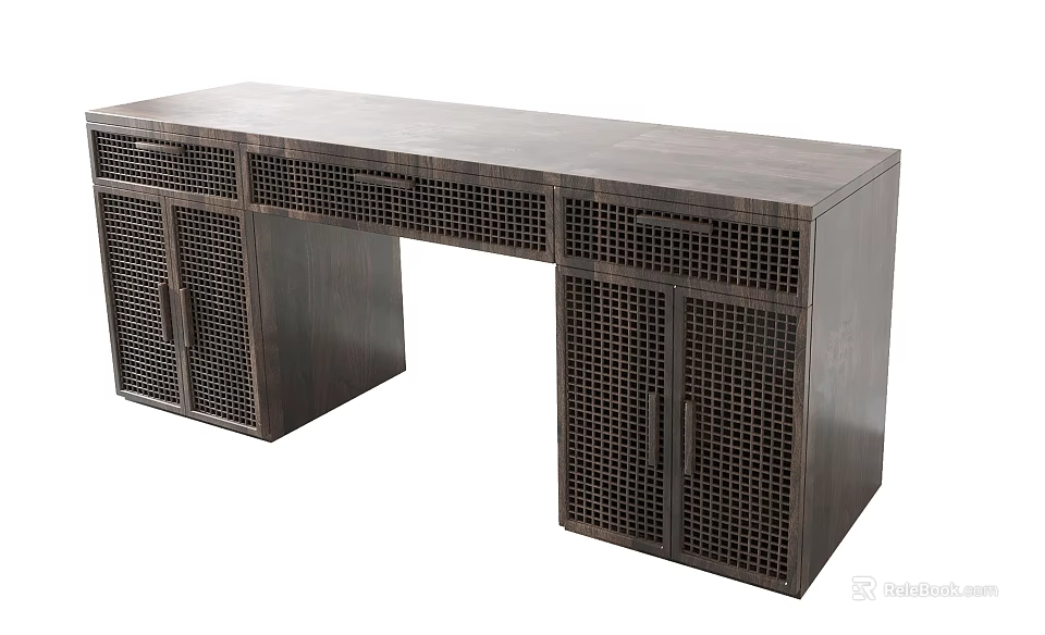 Modern Dark Wood Desk With Grid Pattern Cabinet Doors And Drawers 3d model 